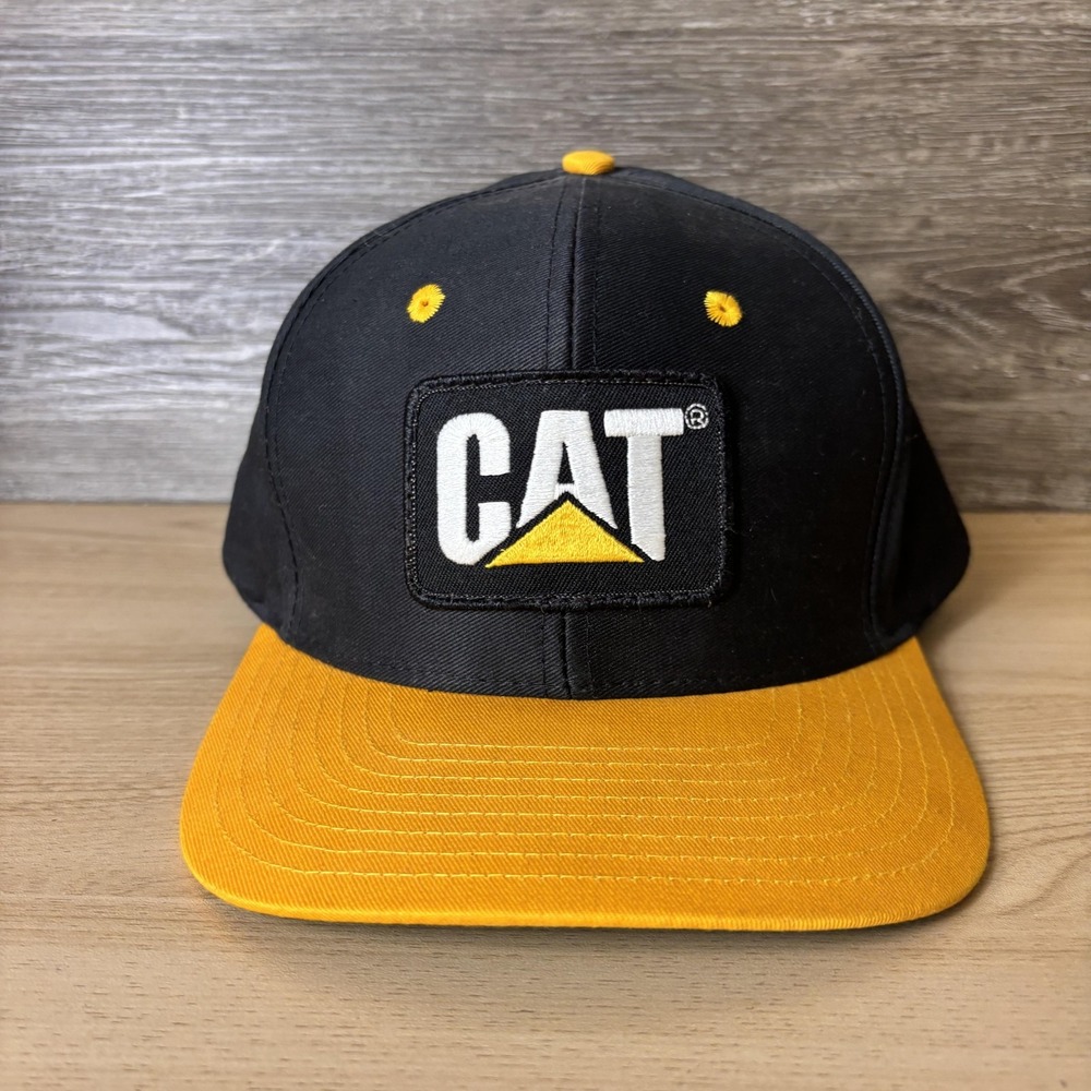 Vintage CAT Hat Cap Snap Back Black Yellow Patch Embroidered Workwear